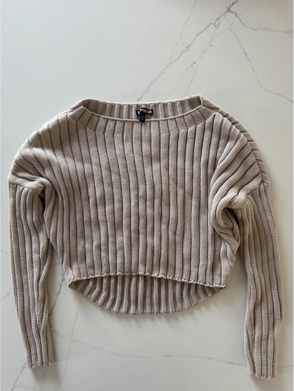 Express Beige Ribbed Cropped Knit Sweater - XS